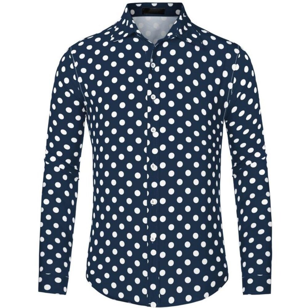 Men's Button Down Long Sleeves Casual Polka Dots Print Shirts Dark Blue Medium